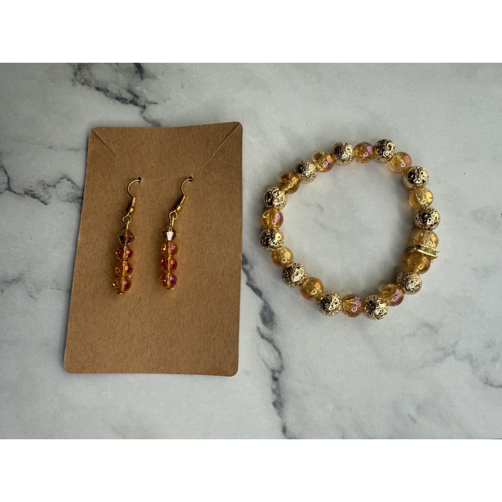 handmade beaded‎ dangle earrings and bracelet set pink and gold tone